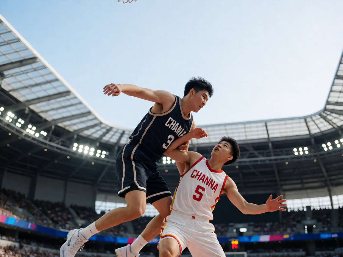 篮球场比赛现场，球员在场上激烈对抗扣篮